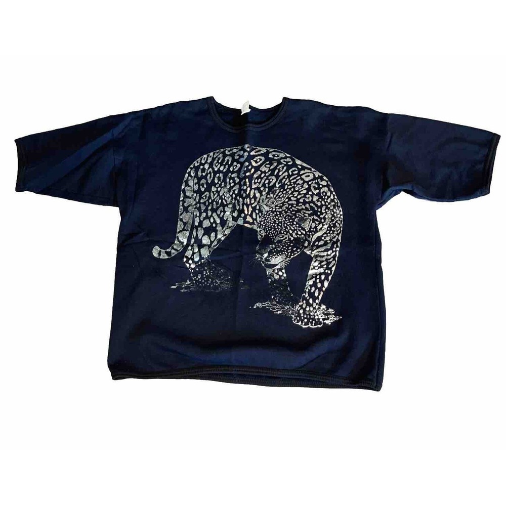 Vintage 80's-90s Silver Cheetah Leopard wildlife Sweatshirt Short Sleeve Black M